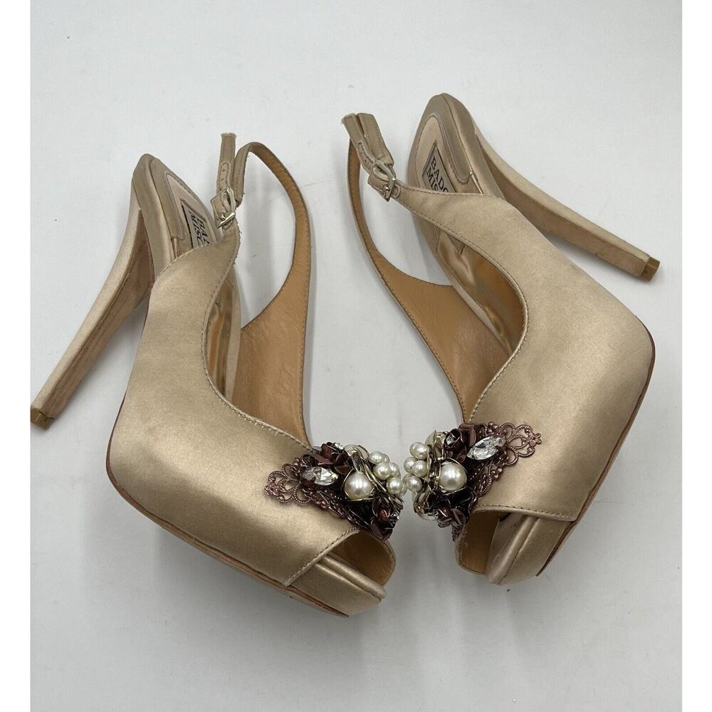 Badgley Mischka Anita Satin Peep Toe Platform Stiletto‎ Flower Jewels Sz 6.5 - Picture 13 of 16